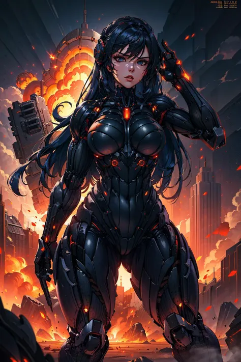 (best quality, masterpiece:1.3), 1girl, solo, long blue hair, perfect face, seductive look, detailed science fiction landscape, action pose explosion, big robots, heavy machinery, soft colors, action scene, cinematic lighting, <lora:CrysisNanosuit:0.6>