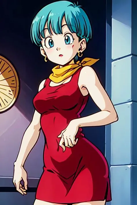 masterpiece, 1080i quality, highest quality, (perfect illumination), (photorealistic), perfect anatomy, perfect proportions, perfect face, perfect eyes, perfect hands, perfect fingers,
 <lora:bulmadbzreddress_ex_04_galena3ep:0.8> bulmadbzreddress, aqua 
hair, short hair,  blue eyes, earrings, red dress, yellow scarf, bending frontwards