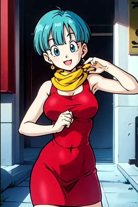 masterpiece, 1080i quality, highest quality, (perfect illumination), (photorealistic), perfect anatomy, perfect face, perfect eyes, perfect hands, perfect fingernails,
<lora:bulmadbzreddress_ex_04_galena3ep:0.8> bulmadbzreddress, aqua hair, short hair, blue eyes, earrings, red dress, yellow scarf, smiling, front view