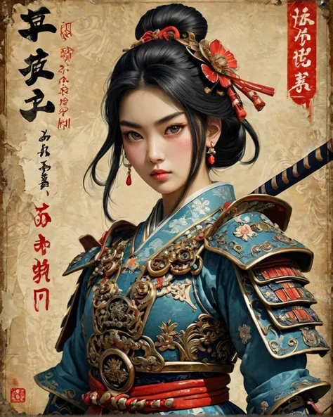 vintage advertisement style Girl Samurai, Complex, <lora:detailed_notrigger:1>, ambient background, extremely stylish, contemporary fine detail, illustrious, illustrious quality, perfect background, vibrant, surreal, luxury, located artistic, imposing, enhanced quality . Retro, nostalgic, aged, weathered, classic, old-school, highly detailed