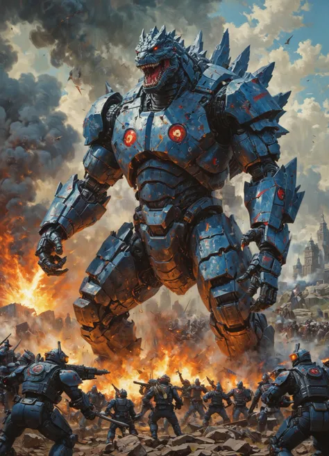 mecha-Godzilla at the battle of gettysburg, oil on canvas, america's civilwar