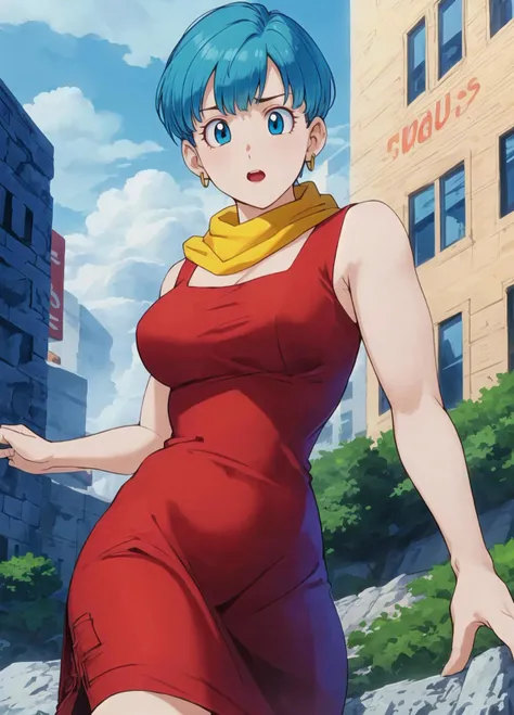 masterpiece, best quality, highest quality, (perfect illumination), (photorealistic), perfect anatomy, perfect face, perfect eyes, 
 <lora:bulmadbzreddress_ex_04_galena3ep:0.8> bulmadbzreddress, aqua hair, short hair,  blue eyes, earrings, red dress, yellow scarf,  blue sky, clouds, on a cliff looking a city