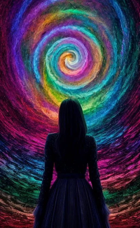 Psychedelic Color slide projected over a [27 yo American woman], [dark Jungian psychological imagery], [key lighting], [f1.8 50mm lens medium format camera], in the style of [Vogue],[post-processing: .25 unsharp mask, S curve, dodge and burn, mid-level contrast, dark edge vignette]