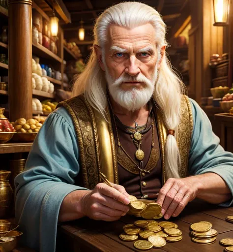 old male, hair white, realistic, photo, HD, 8K, best quality, masterpiece, ultra high res, (photo realistic:1.4), surrealism, a fantasy creature, Merchant, gold coins, trade goods, negotiation skills, travel, market savvy, resourcefulness