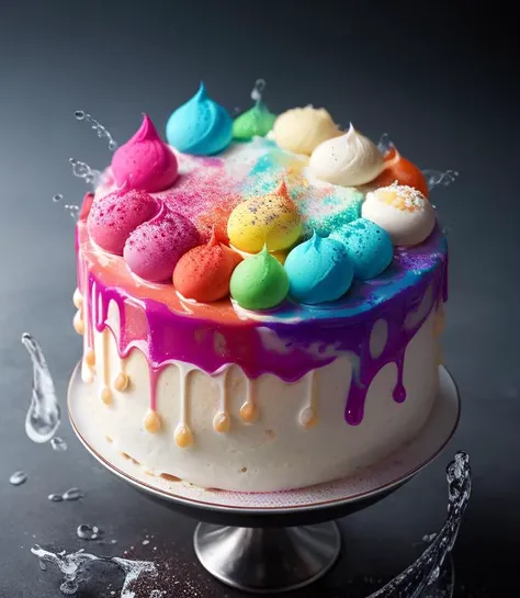 a ice cream, cake, liquid made of liquid splashes, merging, melting, splashing, droplets, mixing, fading away, exploding, swirling, intricate detail, modelshoot style, dreamlikeart, dramatic lighting. 8k, highly detailed, trending artstation