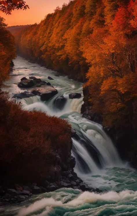 extremely breathtaking stunning majestic elegant landscape, hyper detailed breathtaking view of rushing river across the tremendously majestic autumn forest shimmering after rain colors at sunrise, high contrast natural lighting, impressively beautiful depiction, perfect mid-level contrast curves and histogram