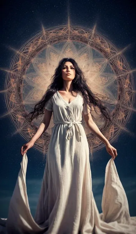 Perfect supernatural photo, Beautiful 27 yo Assyrian woman, flowing linen gown blowing in the wind, standing on the top of her ziggarut,long hair blowing like goddess, sacred geometry masterpiece,  peaceful, looking at the camera, feeling approaching perfection, highly detailed, centered, symmetry, painted, intricate, volumetric lighting, beautiful, rich deep colors masterpiece, sharp