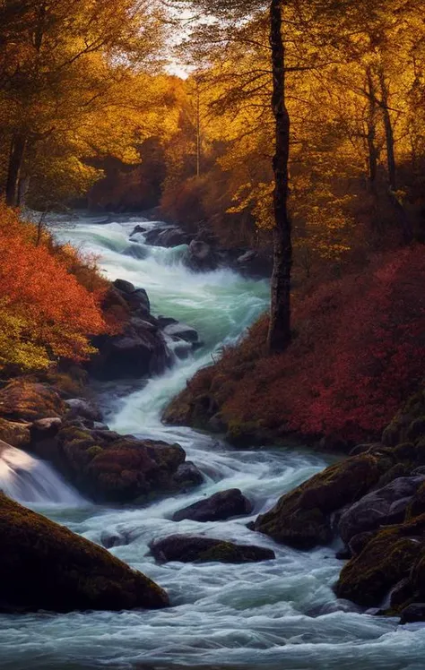 extremely breathtaking stunning majestic elegant  landscape, hyper detailed breathtaking view of rushing river across the tremendously majestic autumn forest  shimmering after rain colors at sunrise, high contrast natural lighting, impressively beautiful depiction, perfect mid-level contrast curves and histogram