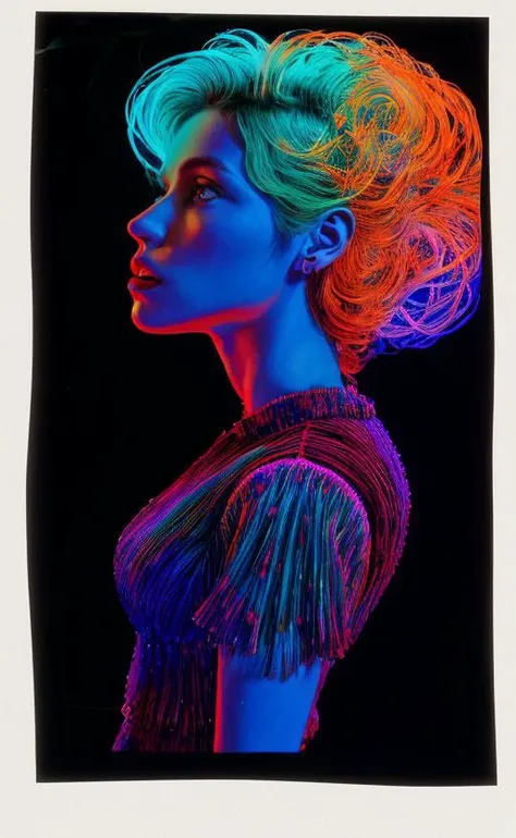 Psychedelic Color slide projected over a [27 yo American woman], [dark Jungian psychological imagery], [key lighting], [f1.8 50mm lens medium format camera], in the style of [Vogue],[post-processing: .25 unsharp mask, S curve, dodge and burn, mid-level contrast, dark edge vignette]