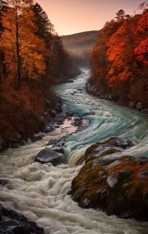 extremely breathtaking stunning majestic elegant  landscape, hyper detailed breathtaking view of rushing river across the tremendously majestic autumn forest  shimmering after rain colors at sunrise, high contrast natural lighting, impressively beautiful depiction, perfect mid-level contrast curves and histogram