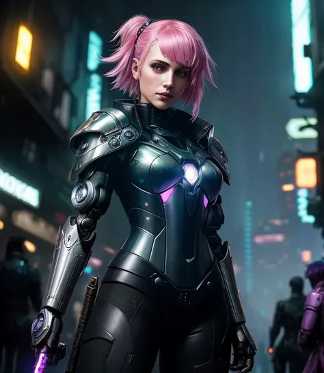 closeup portrait of a cute cyberpunk street samurai, standing in a dark back alley, surrounded by hoodlums, ready to fight, short bright pink hair, wearing black latex bodysuit, gauntlets, pauldrons, she is ready for a fight, sword in hand, toned and fit, streetlight, (backlighting), realistic, masterpiece, highest quality, ((intricate armor)), fantasy forest in background, orcs surround her, fantasy monsters in background, night, dark, ((excited)), lens flare, shade, bloom, ((light sparkles)), [chromatic aberration], by Jeremy Lipking, by Antonio J. Manzanedo, by (Alphonse Mucha), digital painting, (goth:1.2),(enhanced cyborg body:1.1),(intricate:1.2), (cyberpunk:1.2), (in the style of Blade Runner:1.2), ( robot joints:1.1), (robot eyes:1.2), (perfect face:1.2), (led lighting:1.2), (smokey:1.1), (in the style of Ghost In The Shell:1.2)