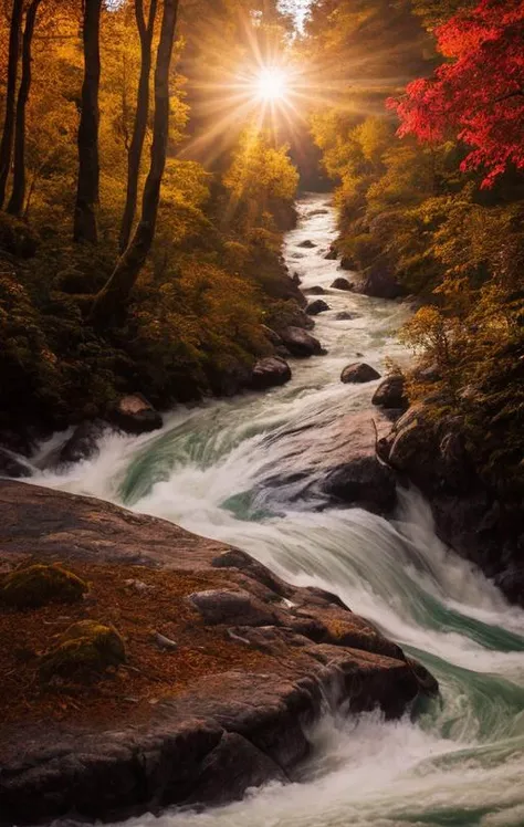 extremely breathtaking stunning majestic elegant  landscape, hyper detailed breathtaking view of rushing river across the tremendously majestic autumn forest  shimmering after rain colors at sunrise, high contrast natural lighting, impressively beautiful depiction, perfect mid-level contrast curves and histogram