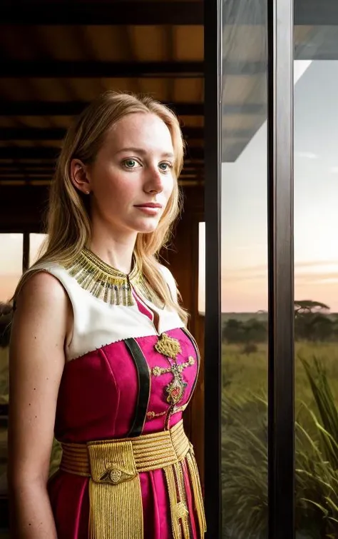 Close up portrait of 27 yo Austrian Royal woman in ceremonial European dress, standing inside glass living room of modern glass house located in the African savanna, ouside is vibrant colorful sunset, National Geographic style featuring photographer Annie Leibovitz  <lora:add_brightness:.75> <lora:DepthOfFieldSliders:-.5>