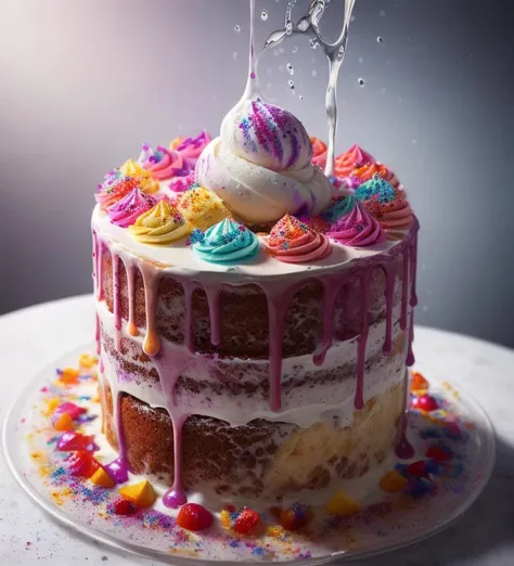 a ice cream, cake, liquid made of liquid splashes, merging, melting, splashing, droplets, mixing, fading away, exploding, swirling, intricate detail, modelshoot style, dreamlikeart, dramatic lighting. 8k, highly detailed, trending artstation