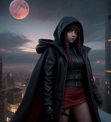 1girl,standing on a ledge overlooking a city at night, stylized urban fantasy art, hooded hooded Sith Lord, digital cyberpunk anime art, blood moon background, wearing hooded science fiction cape, digital cyberpunk - anime art, modern science fiction anime, dark cyberpunk illustration, anime cyberpunk art, cyberpunk anime girl with hood, during a blood moon,rendered in Unreal Engine, peeled sky, broken winds,sky between cracks, realistic material details, extreme details, hyper-realistic materials, Unreal Engine rendering concept art, broken sky, Unreal Engine art, dramatic lighting. Concept art, rendered in Unreal 5, ((Unreal Engine)), Unreal Engine Art 5