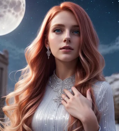 hair red gradient blonde, night sky, detailed face, face focus, shiny skin, game cg, nigh sky, moonlight, moon, white gloves, polish dress shirt glitter glass, Intricate Surface Detail, Crystal Core , Ethereal Fantasy, Realistic, Fiction, Full-HD, 8K Photo, HD,