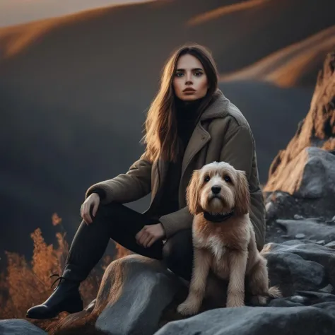 <lora:isabelamerced_xl_lora_30:1> isabelamerced a beautiful woman fashion half body cropped photo, Realistic 8K portrait: woman, top of hill, very cold morning rocky road, dog with breathe showing in the air; dramatic lighting, cinematic colors; hyper-above