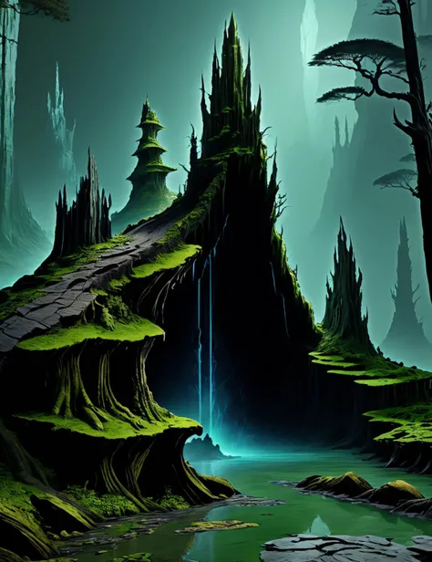 ((best quality)), ((masterpiece)), ((realistic,digital art)), (hyper detailed), DonMD4rk3lv3s Cliffs Cypress Knees,Turtle,Rock Formation, <lora:DonMD4rk3lv3s-000008:0.8>