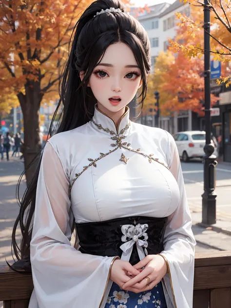 (masterpiece, best quality, highres:1.2), 4girls, autumn, victorian, bokeh, ponytail, long hair, black hair, hair over eyes, (makeup:1.1), black eyes, realistic, korean, teenage, large breasts, double v, white ao dai, lonely, open mouth, lower body