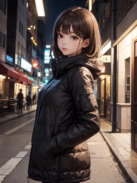 (masterpiece, best quality, highres:1.2), 1other, city, medium hair, light brown hair, bangs, black eyes, realistic, korean, teenage, large breasts, treading, padded coat, boring, closed mouth, (from side:0.6),  cowboy shot