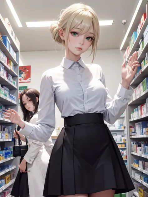 (masterpiece, best quality, highres:1.2), 2girls, pharmacy, half updo, platinum blonde hair, hair over eyes, green eyes, realistic, korean, teenage, small breasts, falling, dress shirt, petticoat, cool face, closed mouth, female focus,  breast focus