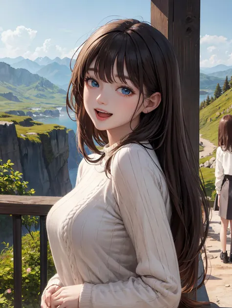 (masterpiece, best quality, highres:1.2), 4girls, mountains, cliff, rope bridge, long hair, light brown hair, bangs, blue eyes, realistic, korean, teenage, medium breasts, trooping, sweater, cute face, smile, open mouth, from side,  head out of frame