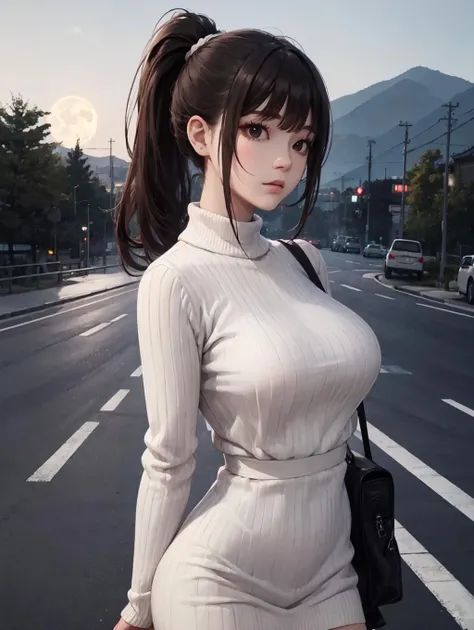 (masterpiece, best quality, highres:1.2), 1girl, moon, road, 4k, low ponytail, brown hair, heavy fringe, (makeup:1.1), black eyes, realistic, korean, teenage, large breasts, dojikko pose, sweater dress, distress, closed mouth, korean, face only