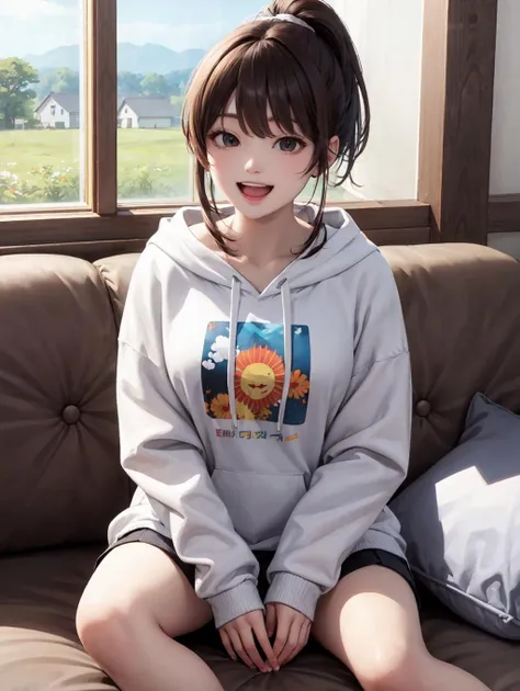 (masterpiece, best quality, highres:1.2), solo, sun, house, window, sofa, very wide shot, ponytail, medium hair, light brown hair, bangs, high quality, black eyes, realistic, korean, teenage, medium breasts, yokozuwari, print hoodie, funny, smile, laughing, open mouth wide, korean, foot focus