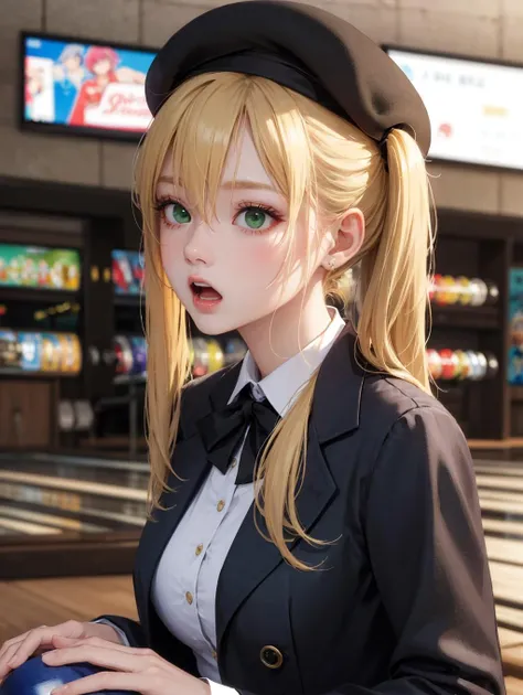 (masterpiece, best quality, highres:1.2), solo, spring, bowling alley, uhd, side ponytail, natural blonde hair, hair between eyes, (makeup:1.1), green eyes, realistic, korean, teenage, medium breasts, tramping, overcoat, beret, gloom \(expression\), open mouth, head out of frame