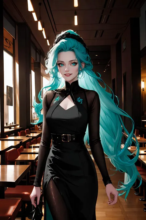 (high quality, best quality, highres, absurdres, masterpiece:1.2), (dystopian :1), (elderly woman, 1girl, solo, grinning:1), (communicative cobbler:1), (sexy attire:1), (aqua_hair, very_long_hair, hair_up:1), (frail body:1), (underneath breathtaking restaurant:1.1), (walking:1),