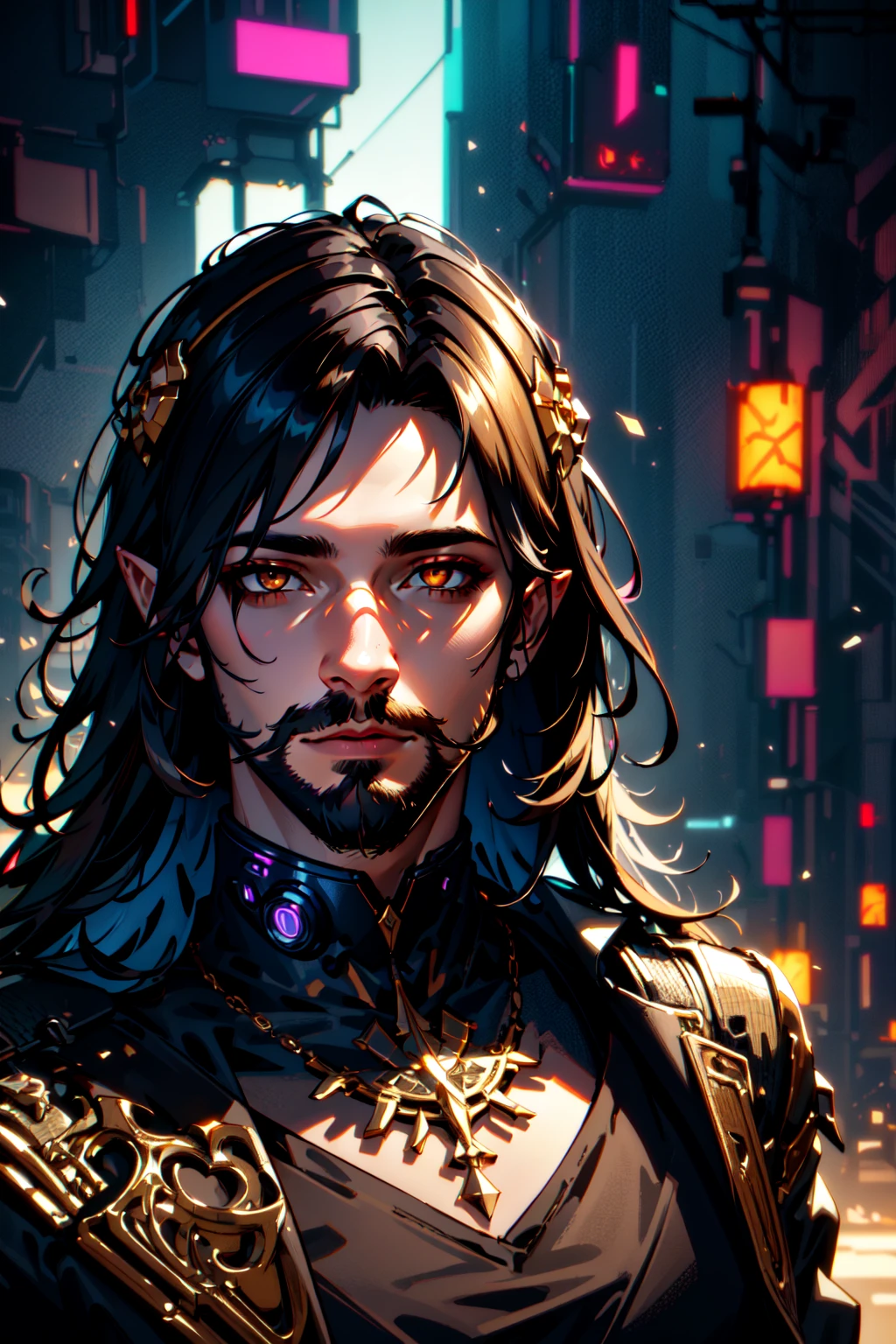 Dark Fantasy,(masterpiece, best quality, ultra-detailed, highres, best illustration),perfect face, ((solo, solo focus)), (zentangle, mandala, tangle, entangle:0.6), rim lighting, sidelighting, lustrous skin,(bloom), (shine), ray tracing,1boy, male focus, beard, facial hair, stubble, jewelry, solo, male focus, dark-skinned,dark skin, ring, orange eyes, necklace, looking at viewer, facial hair, glowing eyes, pointy ears, colored skin, glowing, upper body, artist name, multiple rings, black hair, short hair, gold chain, coin, beard, hand up, purple skin, crown, gold, headband, shirt, signature, closed mouth, holding,depth_of_field, city background,very detailed background,extreme light and shadow,(detailed eyes), (beautiful) beautiful detailed eyes, perfect lighting , perfect anatomy,(extremely detailed illustrated 8k wallpaper),(masterpiece), (best quality), (cyberpunk:1.5),(ultra-detailed), (best illustration),(best shadow), vivid colors,