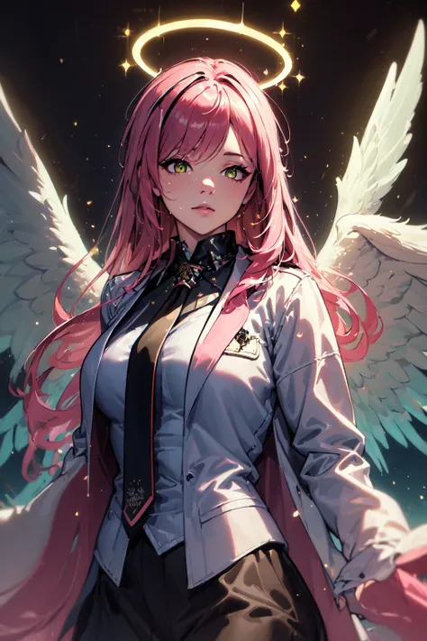 (masterpiece, best quality:1.9), (ultra-detailed:1.3), official art, (zentangle, mandala, tangle, entangle:0.6), 1girl, solo, (pink hair, messy hair, long hair), (angel wings, angel halo), large breasts, (emo punk synthwave:1), yellow eyes, (white shirt, black necktie, green striped coat, open coat), cowboy shot, cinematic lighting, (((glowing light particles))), (arms behind back), dynamic angle,