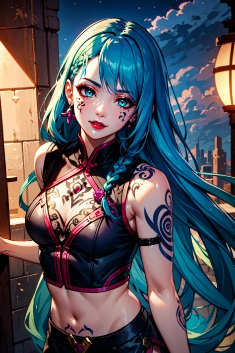 Dark Fantasy1girl, arm tattoo, asymmetrical bangs, bangs, (zentangle, mandala, tangle, entangle:0.6), blue hair, braid, brown shirt, cloud tattoo, looking at viewer, laughing, crazy, uncontrollable laugh, mad look, night, city, green hair, long hair, midriff, pink eyes, red lips, shirt, solo, standing, tattoo, twin braids, upper body, arcane jinx, jinx \(league of legends\)