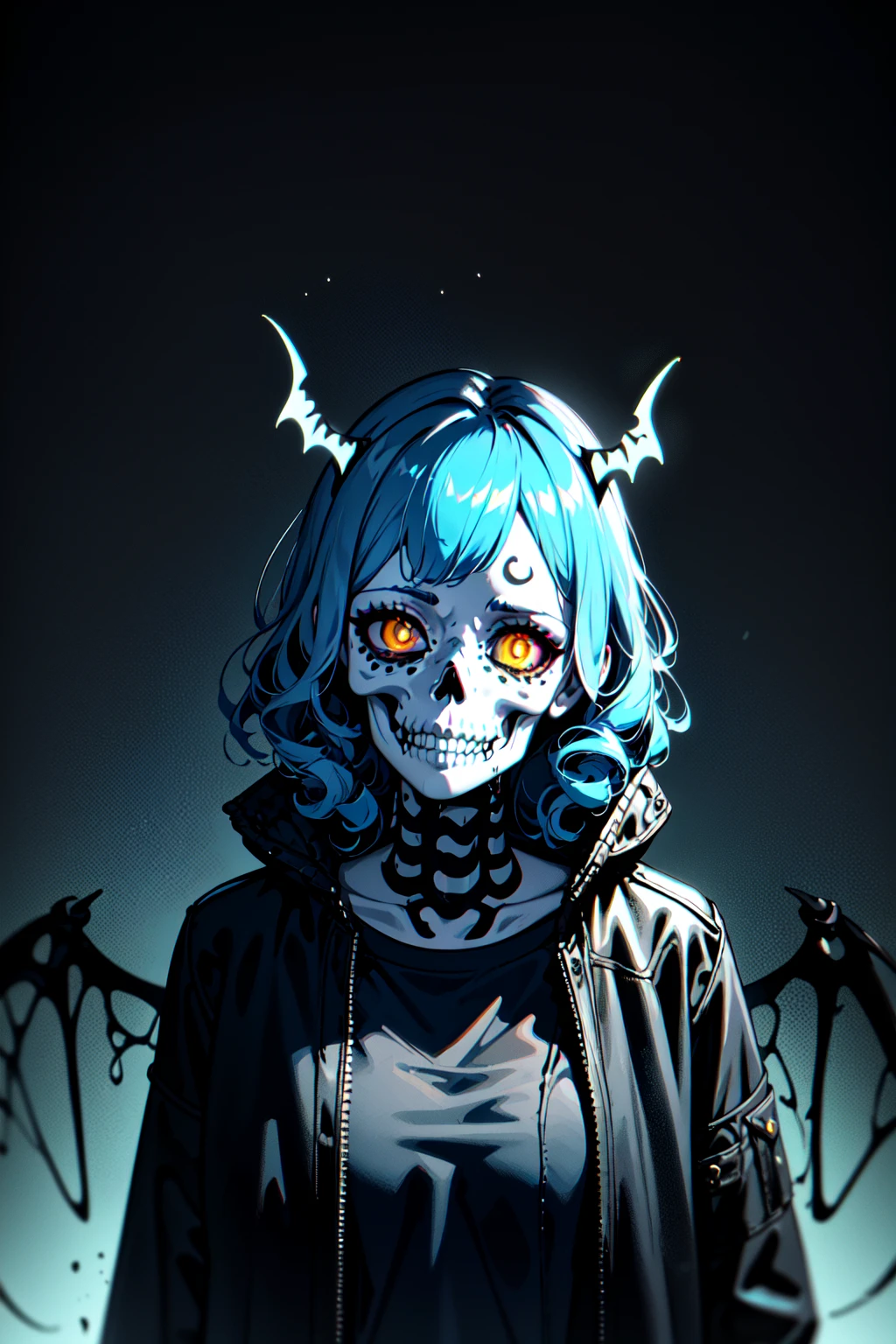 ((demonic, calavera, sugar skull makeup, exo skeleton, moth wings, wings, electric sparks, extreme light and shadow, light leaks)), 1girl, ((blue hair, wild hair, curly hair)), large breasts, blue hair ,(zentangle, mandala, tangle, chaos, disorder, entangle:0.6), curly hair , wild hair, yellow eyes ,yellow choker necklace ,conservative dress, tshirt, jeans, denim jacket, eye symbol, black leggings , demon horns , succubus , demon girl , wet , wet clothes, vampire teeth , black cape , full-face blush, human fingers , city background , flying, white body paint , cyberpunk background , wires, electrical wires, top , black skirt , black shirt, ((wide shot, dynamic angle, bottle bottom, cowboy shot))