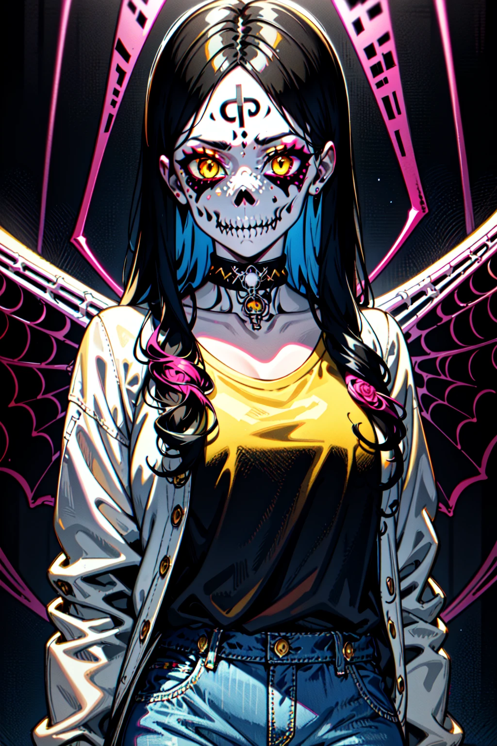 Havoc and Disorder, ((demonic, calavera, sugar skull makeup, exo skeleton, shiny, bones, best texture, ultra sharp, moth wings, wings, kawaii horror, poltergeist moth)), 1girl, ((two tone hair, multicolored hair, pink hair, blue hair, white streaks, yellow streaks, wild hair, curly hair)), (zentangle, mandala, tangle, chaos, disorder, spider webs, entangle:0.6), curly hair , wild hair, yellow eyes ,yellow choker necklace, white tshirt, jeans, denim jacket, eye symbol, black leggings , demonic moth , spider webs, roses, lillies, lily of the valley, cyberpunk, fantasy, white body paint , cyberpunk background , top , black skirt , black shirt,