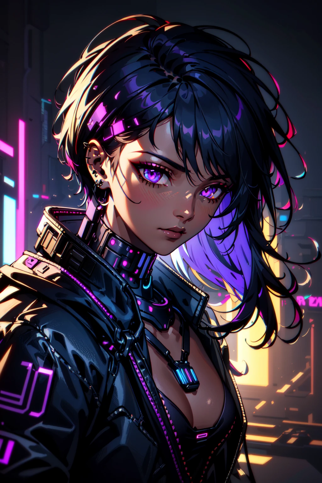 Dark Fantasy,(masterpiece, best quality, ultra-detailed, highres, best illustration),perfect face, (zentangle, mandala, tangle, entangle:0.6),sidelighting, lustrous skin,(bloom), (shine), ray tracing,1girl, solo, undercut, blue background, short hair, earrings, ((dark skin, dark skinned female, tan skin)),jewelry, collar, piercing, tattoo, from side, asymmetrical hair, ear piercing, dark-skinned female, spikes, purple hair, portrait, profile, mohawk, studded collar, ((full body, dynamic angle, zoom out, cowboy shot)),depth_of_field, city background,very detailed background,extreme light and shadow,(detailed eyes), (beautiful) beautiful detailed eyes, perfect lighting , perfect anatomy,(extremely detailed illustrated 8k wallpaper),(masterpiece), (best quality), (cyberpunk:1.5),(ultra-detailed), (best illustration),(best shadow), vivid colors,