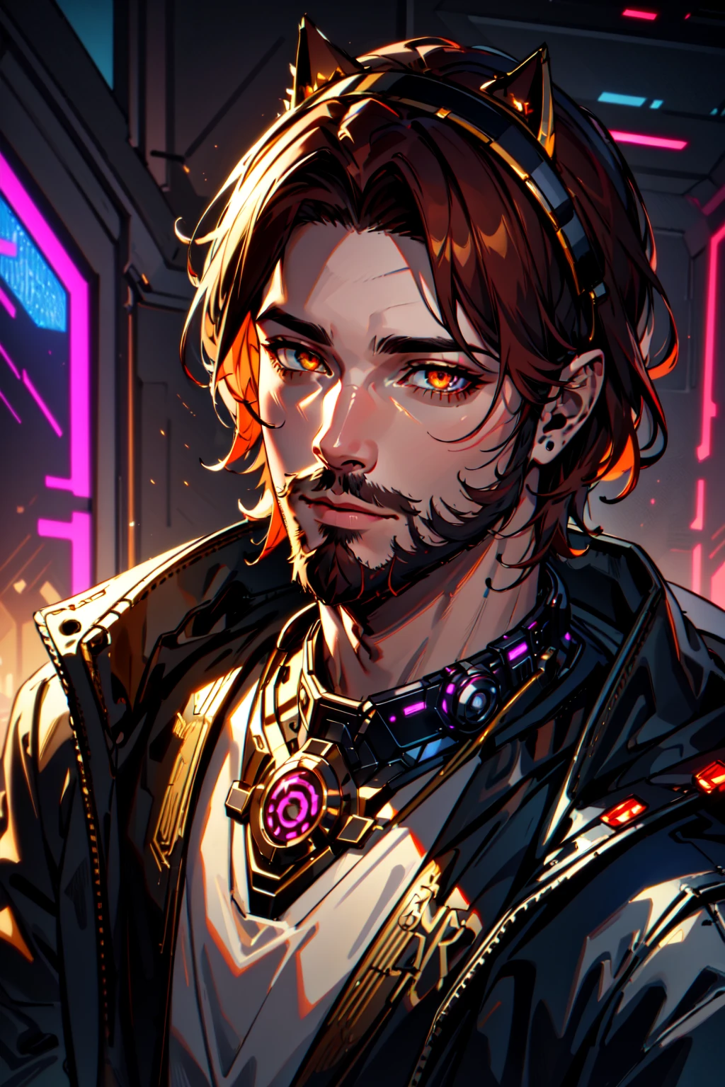 Dark Fantasy,(masterpiece, best quality, ultra-detailed, highres, best illustration),perfect face, ((solo, solo focus)), (zentangle, mandala, tangle, entangle:0.6), rim lighting, sidelighting, lustrous skin,(bloom), cat ears, animal ears, (shine), ray tracing,1boy, male focus, beard, facial hair, stubble, jewelry, solo, male focus, {dark-skinned|dark skin|tan skin}, ring, orange eyes, necklace, looking at viewer, facial hair, glowing eyes, pointy ears, colored skin, glowing, upper body, artist name, multiple rings, auburn hair, short hair, gold chain, coin, beard, hand up, purple skin, crown, gold, headband, shirt, signature, closed mouth, holding,depth_of_field, city background,very detailed background,extreme light and shadow,(detailed eyes), (beautiful) beautiful detailed eyes, perfect lighting , perfect anatomy,(extremely detailed illustrated 8k wallpaper),(masterpiece), (best quality), (cyberpunk:1.5),(ultra-detailed), (best illustration),(best shadow), vivid colors,