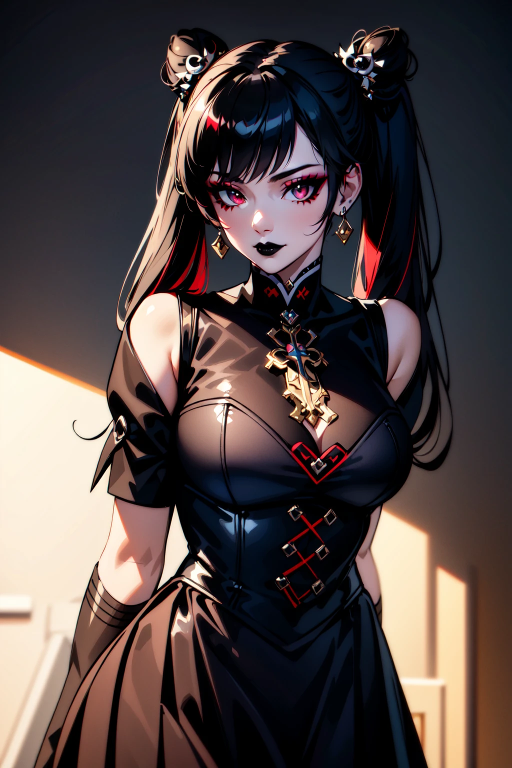 masterpiece, best quality, 1girl, gothic, black lips, solo, black hair, makeup, twin tails, hair buns, (zentangle, mandala, tangle, entangle:0.6), ((shiny skin, voluptuous, sexy, skindentation, ultra detailed, ultra sharp, extreme light and shadow, masterpiece)), sailor senshi uniform, sailor moon, multicolored hair, black hair, red hair, white hair, bangs, eyeshadow, cross, hair bow, bow, lipstick, two-tone hair, fishnets, mascara, black background, hair ornament