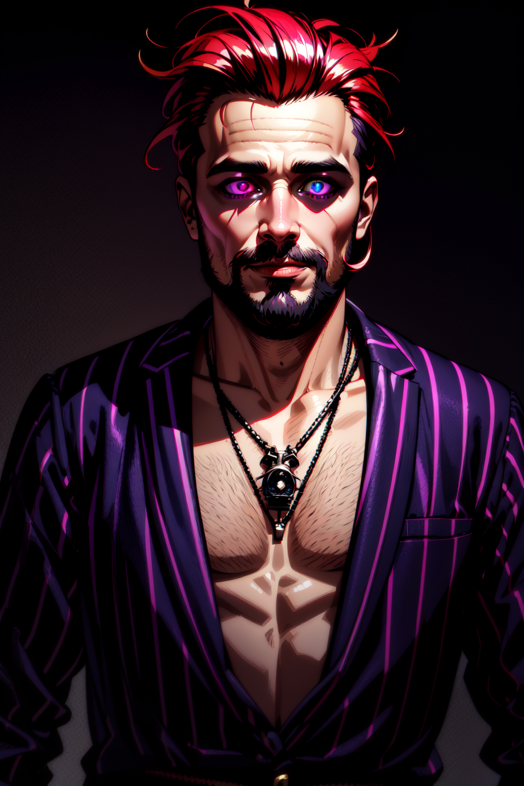 A close up of a man with a beard and a purple shirt - SeaArt AI