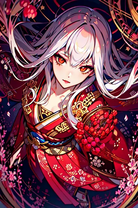 official art., (zentangle, mandala, tangle, entangle:0.6),(masterpiece), (best_quality), (ultra-detailed), (illustration), (welcoming), 1girl, (monster girl:1.5), (raspberry musician celestial:1.3), (in epic Japan:1.3), full body, dark white hair, multcolored hair, lipstick, long eyelashes, , red-orange eyes, pose, [:intricate, seductive costume design:0.2], (from above:1.45), japanese, official art, vivid color, finely detailed, hyper detailed, 8k, high resolution illustration, absurdres, intricate detail <lora:EnvyPrincessMix:0.7>