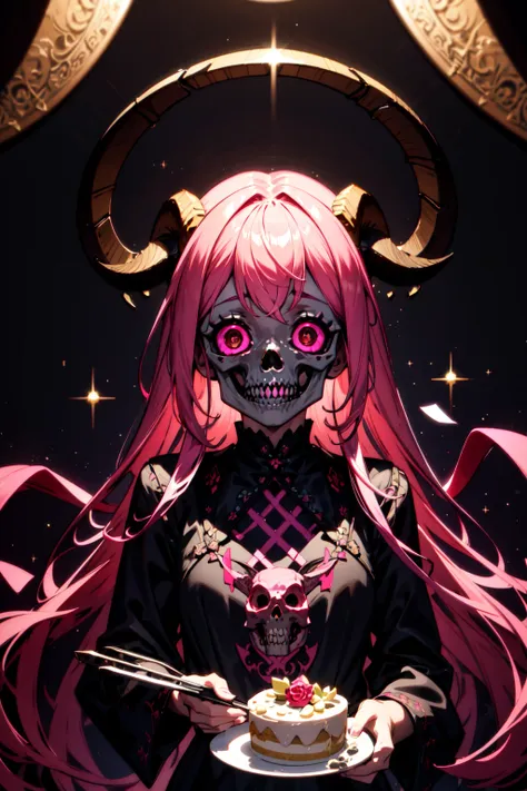 official art, unity 8k wallpaper, ultra detailed, beautiful and aesthetic, High quality, beautiful, masterpiece, best quality, (zentangle, mandala, tangle, entangle:0.6),, a cute girl serving cake to demons, pink, bright pastel colors, kawaii, (horror), eerie, rabbit skull, goat skull, in hell, creepy, demons, claws, best lighting, water splash, wind swept, glitter,ultra sharp,