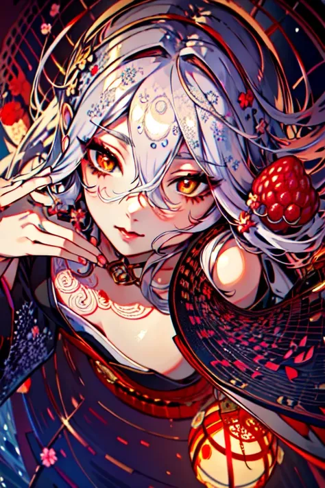 official art., (zentangle, mandala, tangle, entangle:0.6),(masterpiece), (best_quality), (ultra-detailed), (illustration), (welcoming), 1girl, (monster girl:1.5), (raspberry musician celestial:1.3), (in epic Japan:1.3), full body, dark white hair, multcolored hair, lipstick, long eyelashes, , red-orange eyes, pose, [:intricate, seductive costume design:0.2], (from above:1.45), japanese, official art, vivid color, finely detailed, hyper detailed, 8k, high resolution illustration, absurdres, intricate detail <lora:EnvyPrincessMix:0.7>