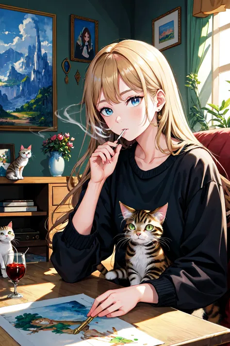 Beautiful Cartoon Painting of a a cat person smoking a bong with background indoors , highly detailed Pixelate