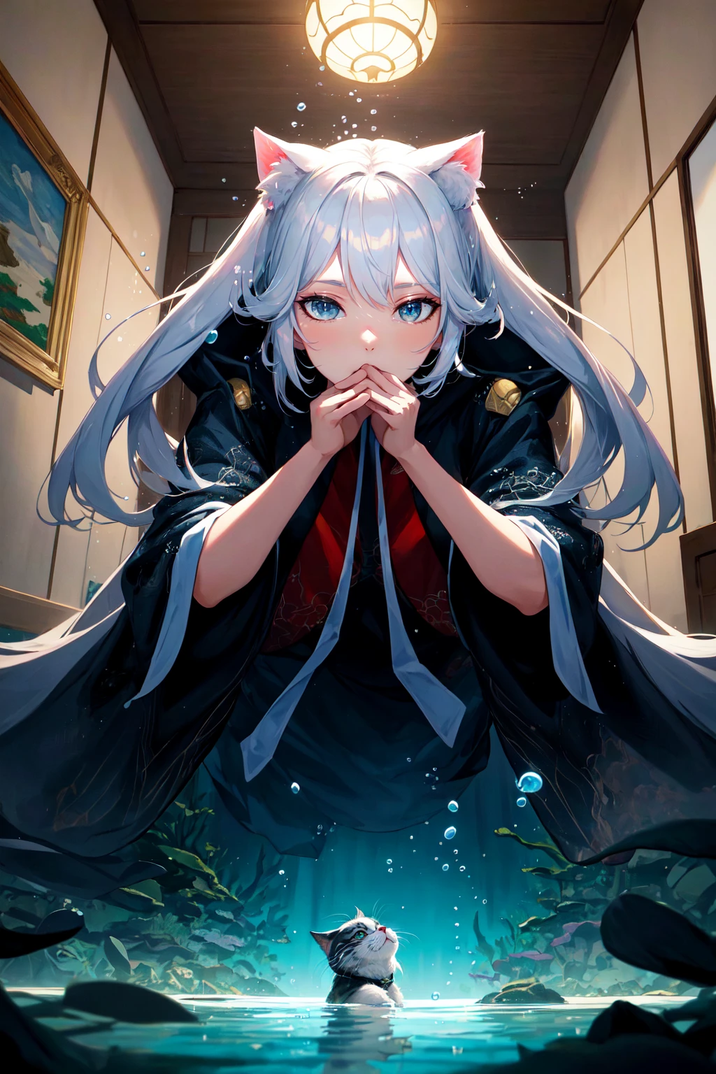 Beautiful Korean Painting of a 1person, solo, solo focus, insaneres, feline humanoid alien underwater, sexy, sniffing someone's hair, ethereal, gossamer, fantasycore, barbiecore with background indoors , cinematic 4k 8k highly detailed Pixelate Symmetrical Macabre at night