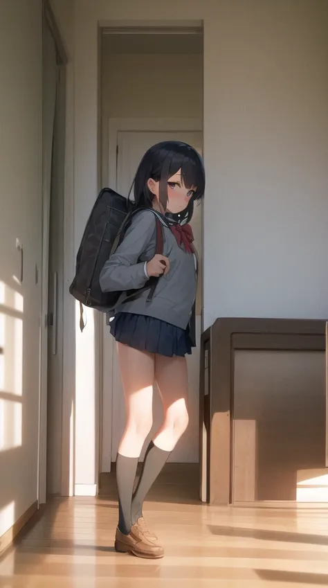 1girl, school uniform, miniskirt, backpack, bedroom, indoors <lora:Atmospheric:0.8>