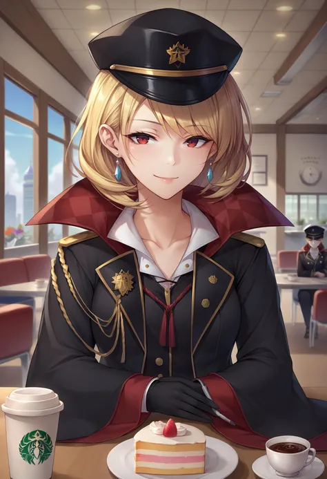 score_9, score_8_up, score_7_up, source_anime, 1girl, <lora:PrinceOfWales_XLPD:1>, IncrsPrncWlsSkrEleg, bangs, peaked cap, black headwear, black gloves, jewelry, long sleeves, white shirt, military hat, earrings, collarbone, military uniform, wide sleeves, collared shirt, braid, black coat, medal, epaulettes, aiguillette, pov across table, pov, cafe, indoors, cake, starbucks, coffee, elbow rest, seductive smile,