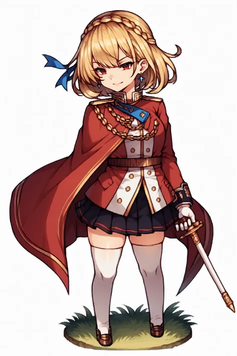 score_9, score_8_up, score_7_up, , rating_general,1girl ,IncrsPrncWlsDef, blonde hair, red eyes, crown braid, french braid, short hair, bangs, hair ribbon, jewelry, earrings, red cape, white gloves, pleated skirt, black skirt, military uniform, white thighhighs, uniform, zettai ryouiki, miniskirt, long sleeves, epaulettes, smile, <lora:PrinceOfWales_XLPD:1>, naughty face, <lora:GBFPixelPDCAME Style:1>, pixel art, 2d, full portrait, simple background, white background, chibi