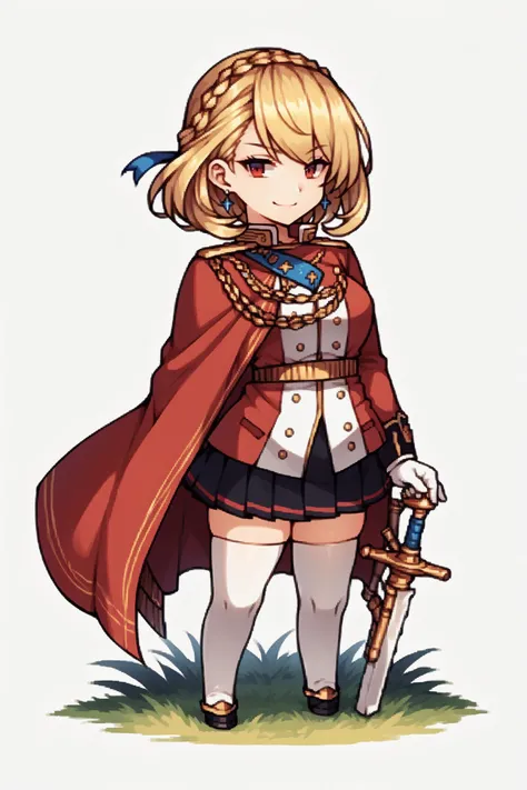 score_9, score_8_up, score_7_up, , rating_general,1girl ,IncrsPrncWlsDef, blonde hair, red eyes, crown braid, french braid, short hair, bangs, hair ribbon, jewelry, earrings, red cape, white gloves, pleated skirt, black skirt, military uniform, white thighhighs, uniform, zettai ryouiki, miniskirt, long sleeves, epaulettes, smile, <lora:PrinceOfWales_XLPD:1>, naughty face, <lora:GBFPixelPDCAME Style:1>, pixel art, 2d, full portrait, simple background, white background, chibi