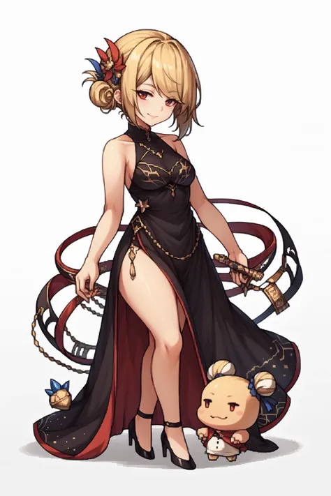 score_9, score_8_up, score_7_up, , rating_general,1girl ,IncrsPrncWlsDrss, blonde hair, red eyes, hair ornament, single hair bun, bangs, black dress, thighs, bare shoulders, high heels, black footwear, bare legs, jewelry, side slit, bare arms, smile, <lora:PrinceOfWales_XLPD:1>, naughty face, <lora:GBFPixelPDCAME Style:1>, pixel art, 2d, full portrait, simple background, white background, chibi