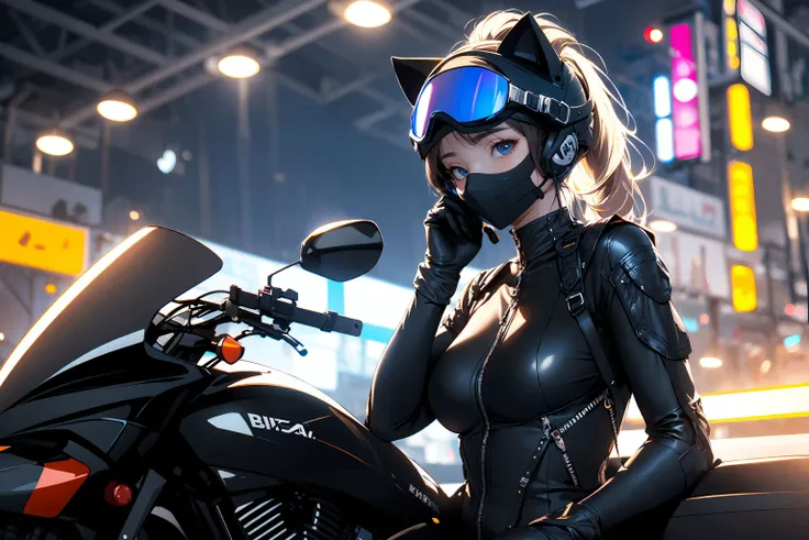 (masterpiece:1.2), best quality,realistic,midjourney,
1girl, motorcycle, ground vehicle, motor vehicle, solo, helmet, long hair, bodysuit, animal ears, blue eyes, motorcycle helmet, blurry background, blurry, looking at viewer, gloves, breasts, cat ears, black bodysuit, biker clothes, sitting, black gloves, ponytail, fake animal ears, night, medium breasts, collar, skin tight, depth of field, goggles
<lora:midjourney:1>